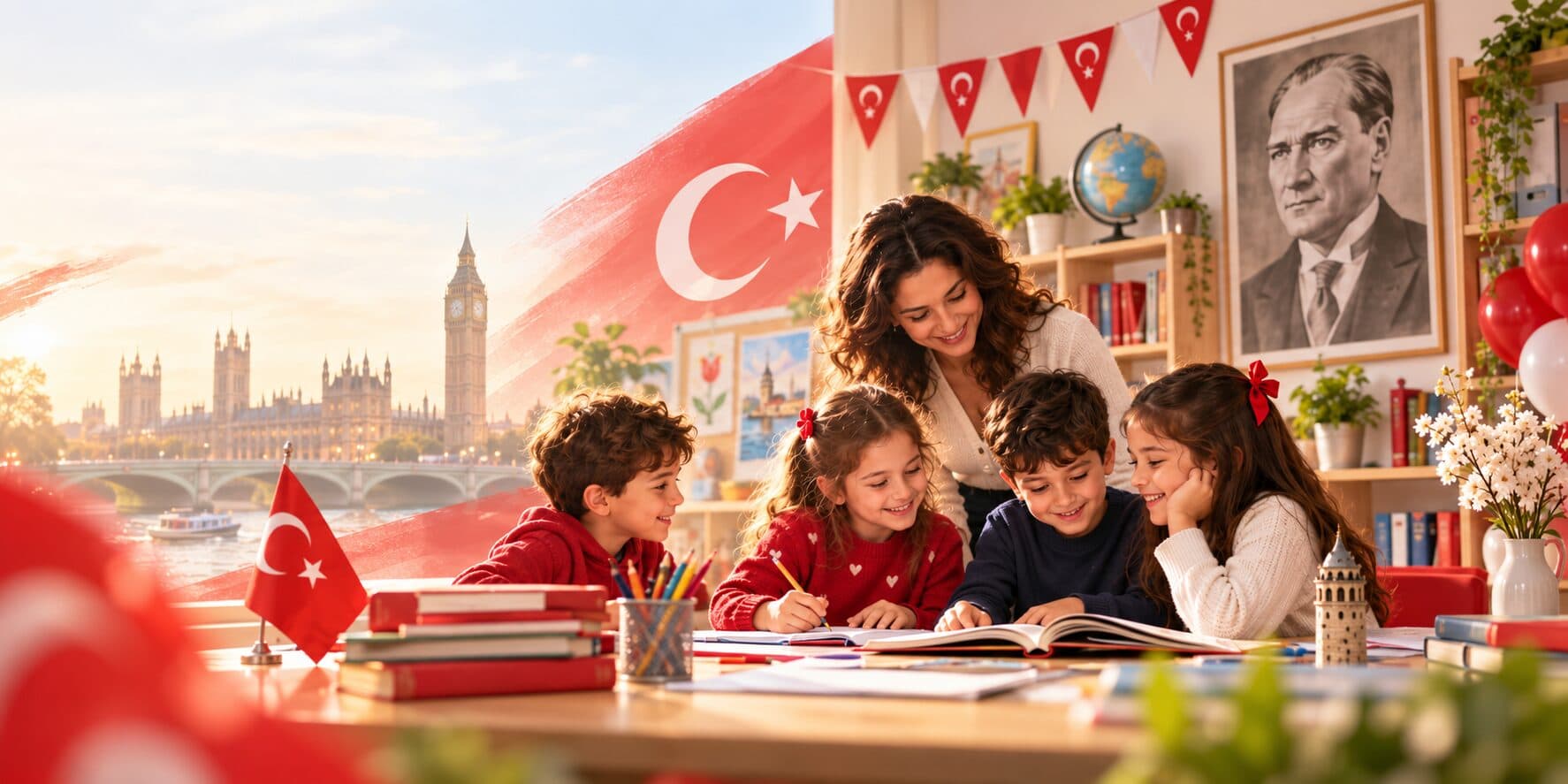 Öğretmenimiz ve öğrencilerimiz birlikte ders çalışırken; arka planda Türk bayrağı, Londra ve Atatürk portresi